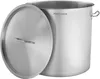 A stainless steel pot with its lid slightly ajar, placed on a white background. Produktbild-Vorschau