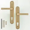 Two gold door handles with a keyhole cutout and accompanying screws and dowels are laid out on a white background. Produktbild-Vorschau