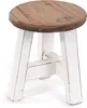 A small, round wooden stool with white, distressed legs, shown against a white background.