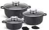 A set of three black speckled pots with glass lids and silver handles, arranged on a white background. Two black pot holders are also visible in the foreground. Produktbild-Vorschau