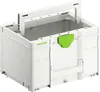 A white Festool Systainer³ tool box with a green latch and a white handle in the upright position. Anteprima dell’immagine prodotto