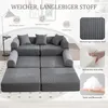 A modular sofa is shown in a living room setting with descriptive text and close-ups of the fabric and foam. Voir les images du produit