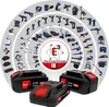 A collage of cordless power tools and their batteries, arranged in concentric circles around a central logo. Produktbild-Vorschau