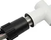 A close-up view of a white kitchen faucet connection with a black adapter and a braided hose. Produktbild-Vorschau