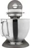 A close-up front view of a gray KitchenAid stand mixer. Produktbild-Vorschau