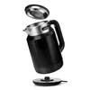 A black electric kettle with a silver lid is shown disassembled, with the lid floating above the kettle and the kettle floating above its base. Podgląd zdjęcia produktu