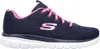 A side view of a navy and pink Skechers sneaker against a white background. Voir les images du produit