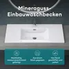 A white mineral cast washbasin is shown on a countertop, with text overlays highlighting product features. Produktbild-Vorschau