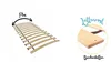 Two images showing a slatted bed base. The left image shows the entire base with an arrow indicating flexibility. The right image is a close-up of the wood and text labels. Produktbild-Vorschau