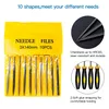 A yellow pouch containing needle files, with close-up images and text describing features. Produktbild-Vorschau