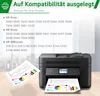 A printer is shown with printed charts and a list of compatible printer models. Produktbild-Vorschau