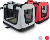 Two pet transport boxes, one gray and one red, are shown side-by-side against a white background with a subtle gray shadow. Produktbild-Vorschau