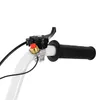 A close-up view of the handlebar of a machine, showing the throttle grip, brake lever, and a red start button. Produktbild-Vorschau