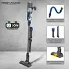 A cordless vacuum cleaner is displayed against a textured gray background, with inset images showcasing its accessories and features. Náhled obrázku produktu