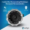 A close-up of a thermostat head with marketing text and icons. Produktbild-Vorschau