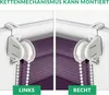 Two images showing the left and right side mounting options for a roller blind chain mechanism. Produktbild-Vorschau