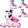 A collage of four different views of pink and white roller skates, including one pair of ice skates. Náhľad obrázku produktu
