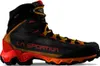 Schwarzer und roter La Sportiva Aequilibrium Hike GTX Schuh mit gelben Schnürsenkeln und Profilsohle Anteprima dell’immagine prodotto