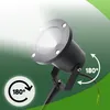 A close-up of an outdoor LED spotlight with a stake, set against a green background. Arrows indicate a 180-degree rotation range. Anteprima dell’immagine prodotto