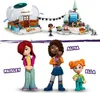 A collage showing LEGO Friends sets and characters. The top part displays two winter-themed LEGO scenes with mini-doll figures and accessories. The bottom part features three individual mini-doll figures with their names displayed. Produktbild-Vorschau