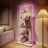 A modern living room with a glass display cabinet filled with decorative items, illuminated by pink LED lights. Produktbild-Vorschau