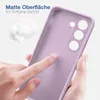 A hand is touching a purple phone case, highlighting its matte surface and soft grip. Produktbild-Vorschau