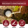Close-up of natural rubber sap dripping from a tree into a container, with three circular icons below highlighting product features. Produktbild-Vorschau