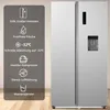 A side-by-side refrigerator with a panel of its features displayed next to it. Produktbild-Vorschau