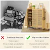 A split image comparing a traditional shoe rack with a flip-over shoe cabinet, with text highlighting the benefits of the latter. Podgląd zdjęcia produktu