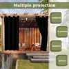 Outdoor curtains hanging on a pergola, with text overlays highlighting features. Náhled obrázku produktu