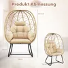 A size chart showing two egg-shaped rattan chairs with cushions, with dimensions indicated by lines and text. Produktbild-Vorschau