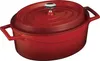 A red oval cast iron pot with a lid and silver handle, shown from a slightly elevated side angle against a white background. Náhled obrázku produktu