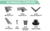 A collage of different aluminum profiles and accessories for a universal system, labeled with product names and specifications. Produktbild-Vorschau