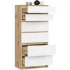 A tall, narrow chest of drawers with a wood-grain frame and white drawer fronts, shown against a white background. Some drawers are partially open, revealing drawer slides. Produktbild-Vorschau