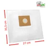 A white vacuum cleaner bag with a brown cardboard opening, with dimensions indicated by red lines and text. Produktbild-Vorschau
