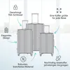 Three silver suitcases of different sizes are displayed against a bright, window-like background. Text and icons highlight product features. Anteprima dell’immagine prodotto