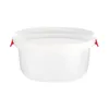 A white plastic food container with a white lid and red clips, isolated on a white background. Voir les images du produit