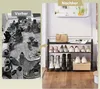 A before-and-after collage showing a messy pile of shoes contrasted with an organized shoe rack. Produktbild-Vorschau
