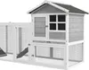 A wooden rabbit hutch with an attached outdoor run, shown against a white background. Produktbild-Vorschau