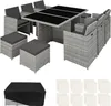 A rattan outdoor furniture set including a table, chairs, and ottomans, with a protective cover and cushions shown separately. Produktbild-Vorschau
