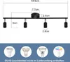 A diagram showing the dimensions of a black LED ceiling light fixture with four adjustable spotlights. Below the fixture diagram are four different types of GU10 light bulbs, with text indicating they are not included. Produktbild-Vorschau