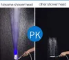 A split image comparing two shower heads, one with LED lights and high pressure, the other with standard spray. Produktbild-Vorschau