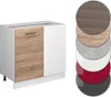 A kitchen base cabinet with a wood-effect door and a white door, shown next to a stack of circular color swatches. Náhled obrázku produktu