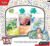 A promotional image for a Pokemon "Karmesin & Purpur 151 Poster-Kollektion" featuring Pokemon cards and character cutouts. Produktbild-Vorschau