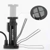 A black bicycle pump with a white handle and a close-up inset showing the foot pedal. Produktbild-Vorschau