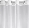 A close-up view of white sheer curtains with grommets. Voir les images du produit