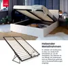 A bed with its storage compartment open, showing the metal frame and slatted base, with a separate image of the slatted base in the foreground. Produktbild-Vorschau