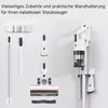 A collection of vacuum cleaner accessories and a wall mount are displayed against a white background, with text above describing their utility. Produktbild-Vorschau