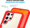 A close-up view of a red phone case on a white background, showing the camera cutout and the screen area. Produktbild-Vorschau