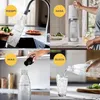 A collage of four images showing the steps of making soda with a SodaStream machine: filling the bottle with water, carbonating the water, adding flavor, and pouring a drink. Produktbild-Vorschau